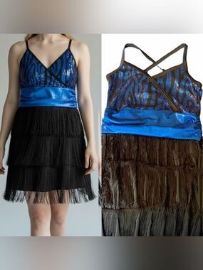 Weissman Dance costume black fringe flapper sequin blue 5361 Adult XLA